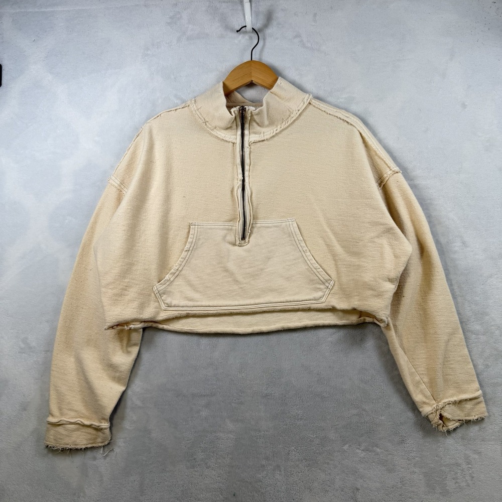 Free People We The Free Kitty Pullover Off white Pockets Zip Raw Seams Size M
